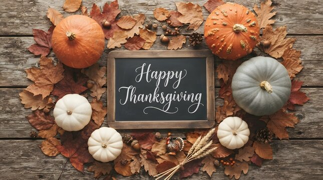 A beautiful autumnal thanksgiving scene featuring pumpkins gourds and colorful fall leaves arranged around a chalkboard sign
