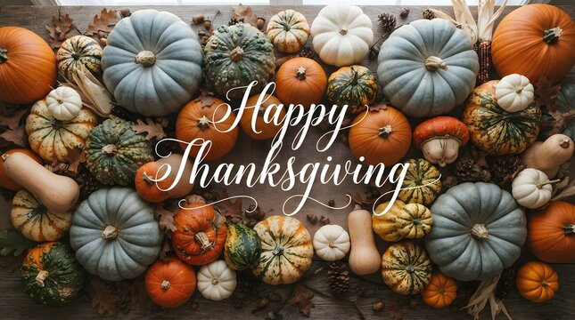 A bountiful and colorful thanksgiving harvest display with various pumpkins and gourds celebrating gratitude and autumnal beauty