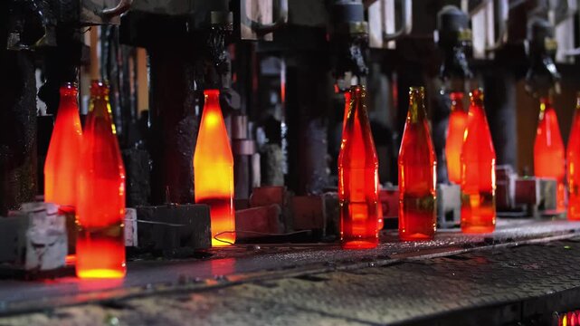 Glass factory, production of glass containers. Molten glass is blown into molds. Robotics in industry. Modern technologies, robotic machines produce products. Technological work at the plant.