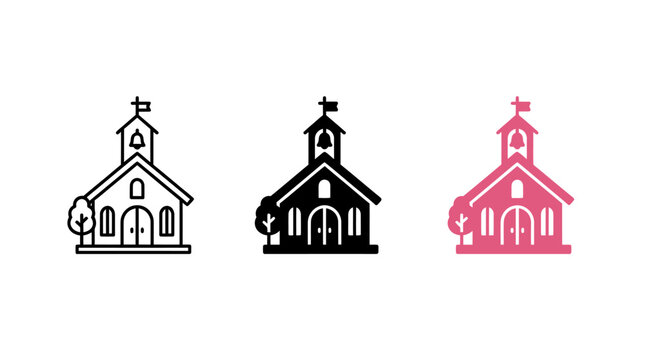Set of three wedding chapel icons with bell tower and tree vector design