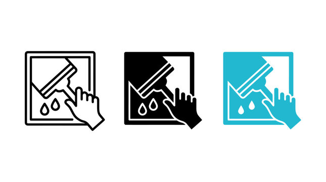 Window cleaning icon design set with squeegee and water drops vector art