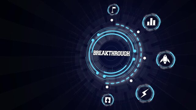 Innovative corporate breakthrough visualization featuring glowing high tech elements inside circular hud panel