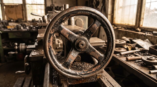 Old rusty iron handwheel of a vintage lathe machine covered in metal shavings in a turning workshop