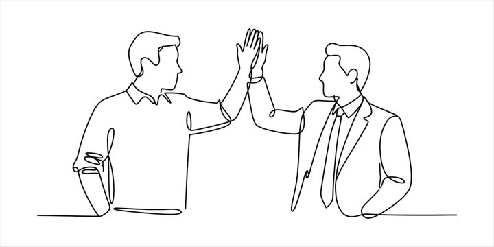 Two business men giving a high five to celebrate success in a continuous line drawing style