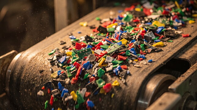 Shredded plastic and electronic components moving on a conveyor belt at an e-waste recycling facility