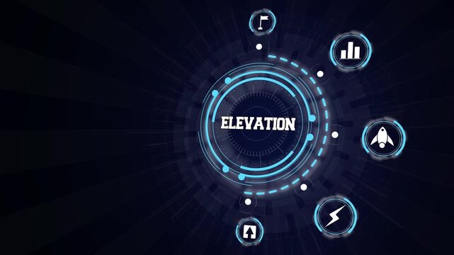 Corporate elevation strategy concept highlighted inside dark circular hud panel with glowing neon symbols