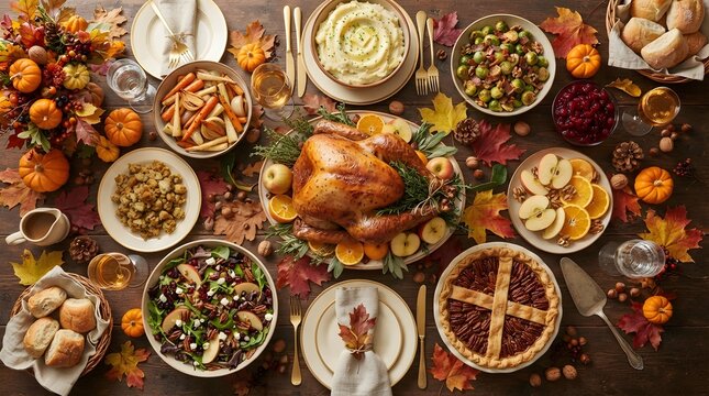 A bountiful thanksgiving feast a stunning overhead view of traditional dishes and festive autumnal decor celebrating gratitude and togetherness