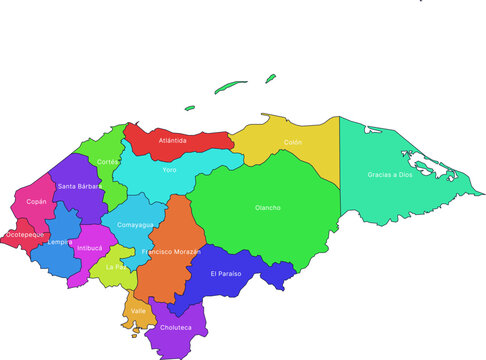Detailed Honduras Colorful Map Vector - Regional Divisions Infographic featuring Atlantida, Bay Islands and Choluteca