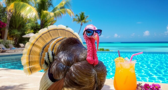 A funny proud turkey wearing sunglasses stands by a luxury resort swimming pool with a vibrant tropical orange cocktail and beautiful turquoise ocean views.