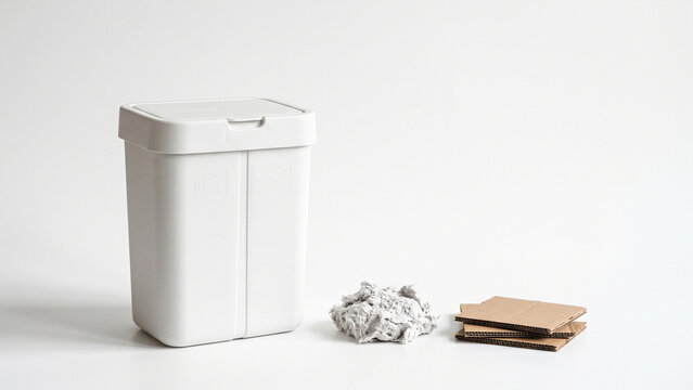 White sorting recycling bin with recycled paper and cardboard on white background