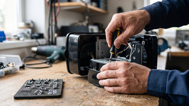 Technician Repairing Electronic Device with Screwdriver at Workshop Workbench