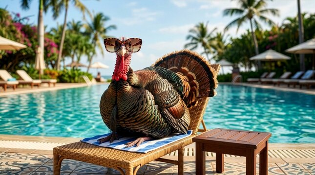 A funny concept photo of a turkey wearing leopard print sunglasses while sunbathing on a wicker lounge chair with a blue towel by a tropical resort swimming pool.