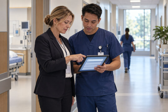 Hospital administrator and nurse checking a policy knowledge base on a tablet