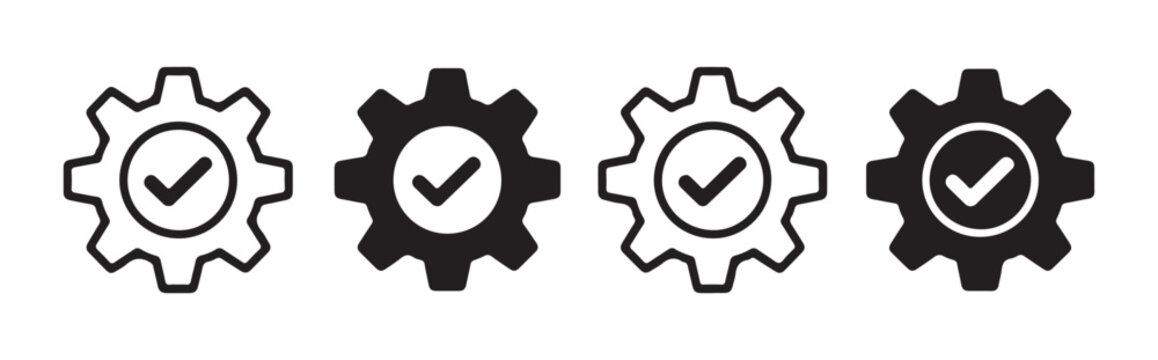 Multiple gear and checkmark icons in various styles for process and verification elements.