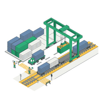 Industrial Container Terminal with Green Gantry Crane Trucks and Workers Handling Blue and Green Shipping Containers