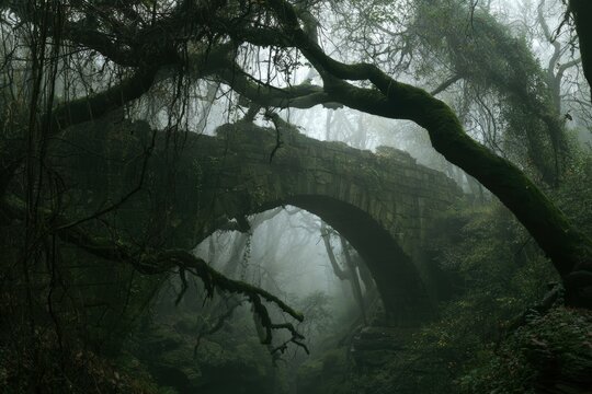 Moss-covered stone arch bridge in dense foggy forest ravine