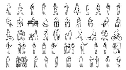 Obraz premium Architectural Scale Figures and Tiny People Line Drawing Set for City Landscape Renderings Urban Planning Diagrams and CAD Graphic Presentation Vector Designs
