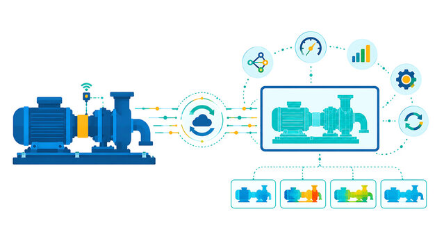 Digital twin concept of industrial water pump with cloud analytics vibration heatmap and predictive maintenance simulation illustration