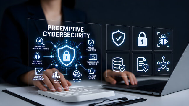 Preemptive cybersecurity holographic dashboard with a businesswoman using a laptop for proactive threat prediction and prevention by security analysts