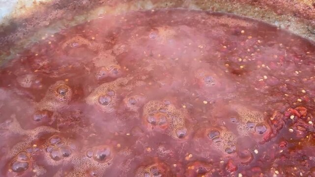Close-up of homemade tomato sauce boiling in a large pot, showing rich red texture, bubbles and tomato seeds during traditional slow cooking and food preservation.