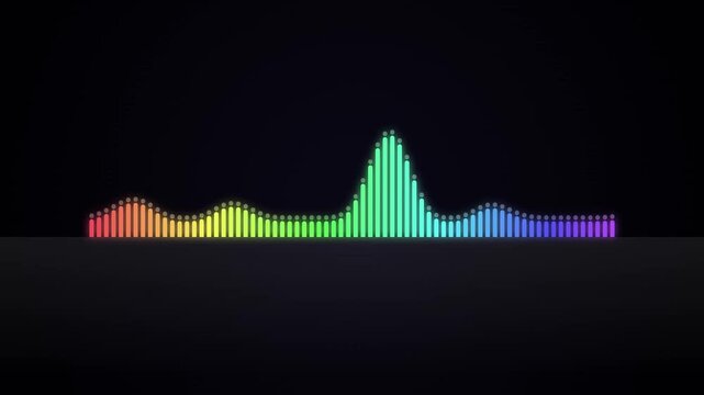 Colorful audio spectrum rises and falls against a dark background throughout the sequence analyzer frequency