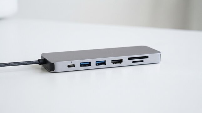Sleek space gray USB-C hub with multiple ports, HDMI, and card reader on a white desk
