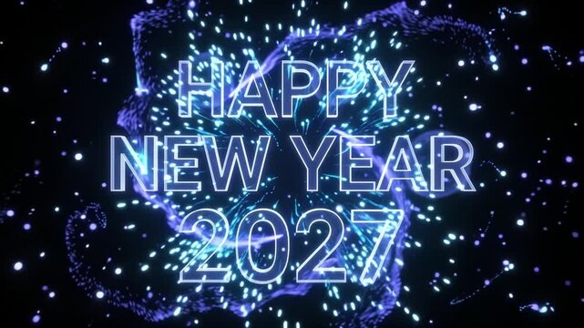 Happy New Year 2027 Neon Blue Typography with Glowing Particle Ring &ndash; 4K Video
