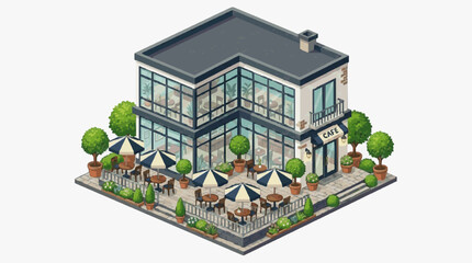 Obraz premium Sleek Modern Caf with Isometric Outdoor Seating Area Featuring Large Glass Windows Blue and White Umbrellas Potted Plants and Cozy Tables