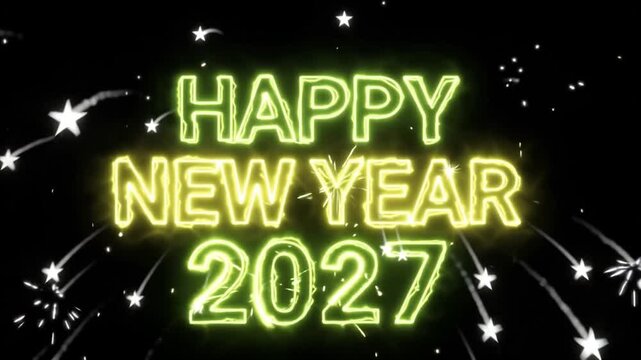 Happy New Year 2027 Neon Green and Yellow Typography with Sparkling Stars &ndash; 4K Video