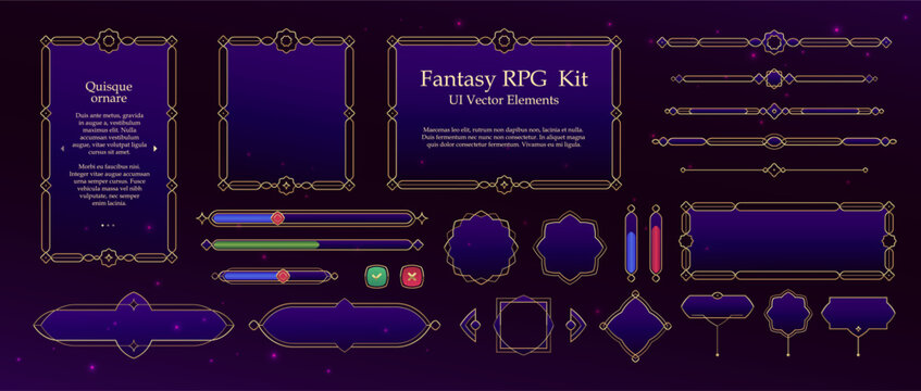 Fantasy RPG UI kit vector asset bundle with golden gradient metallic frames borders menu windows progress bars lines and buttons with dark blue fill color selection on dark background