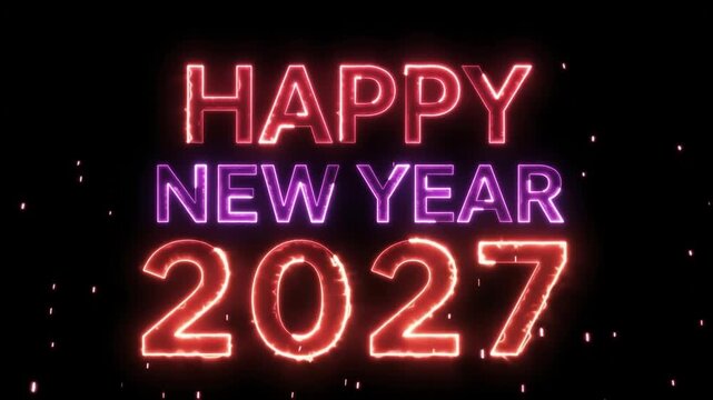 Happy New Year 2027 Red and Purple Neon Typography with Glowing Particles &ndash; 4K Video