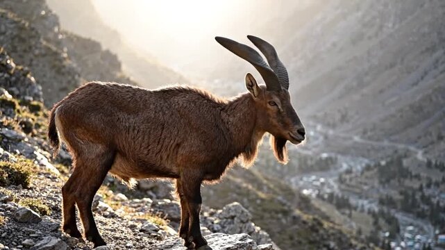 Majestic Ibex on Mountain Peak: A powerful ibex with impressive curved horns stands proudly on a rugged mountain slope, overlooking a serene valley bathed in the golden light of dawn.