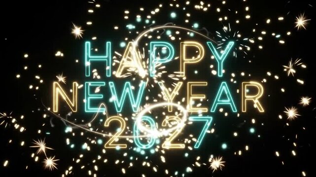 Happy New Year 2027 Colorful Neon Typography with Glowing Sparkles &ndash; 4K Video