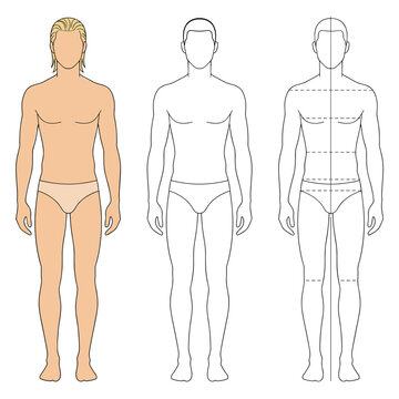 Male fashion figure template with blonde hair for technical sketching. Men's 9-head fashion croquis for apparel design. Man's figure front view model template for fashion illustrations CAD.