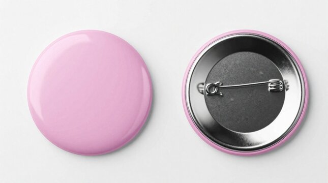Blank pink pin button badge mockup with front, back view. Round glossy lapel pin shows metal clasp on white background. Empty circular accessory for branding, logo design, marketing campaign personal