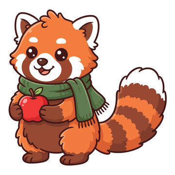Cute red panda vector illustration wearing a green scarf and holding a fresh red apple graphic