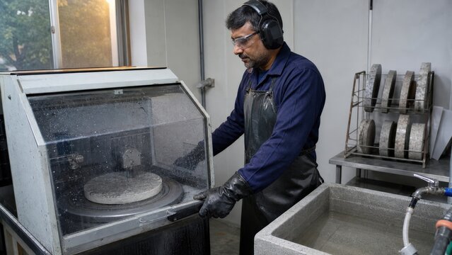 Concrete petrography laboratory - a technician lapping a circular slice