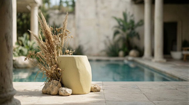 Monolithic lime plaster stand with dried botanical stalks and organic stones placed by a swimming pool