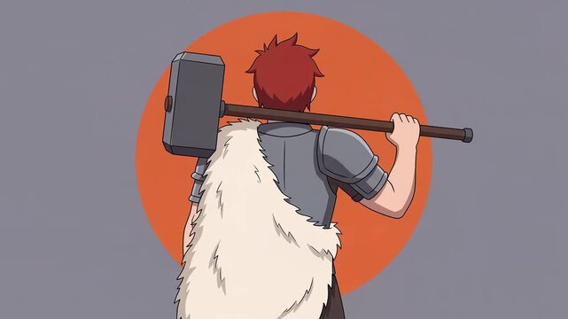 Anime berserker from behind resting massive iron war hammer on shoulder, ash gray background, seamless loop 2D cel animation, dynamic anime action look, faceless, silent 8 second clip