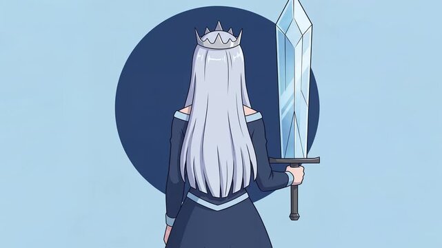 Anime frost queen from behind holding massive ice greatsword upright, glacier blue background, seamless loop 2D cel animation, dynamic anime winter look, faceless, silent 8 second clip