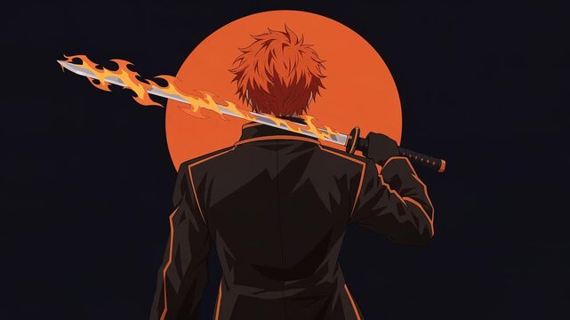 Anime phoenix warrior from behind holding katana wrapped in flame, midnight black background, seamless loop 2D cel animation, dynamic anime fantasy aesthetic, faceless character, silent 8 second clip