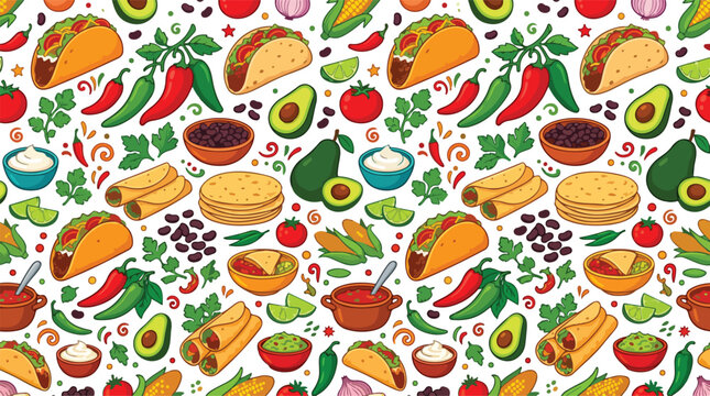 Mexican food seamless pattern featuring tacos burritos avocados chili peppers and nachos on white background