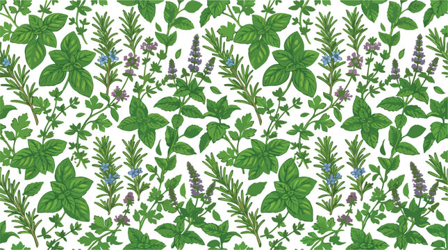 Fresh culinary herbs seamless pattern featuring basil rosemary mint and oregano leaves on a white background