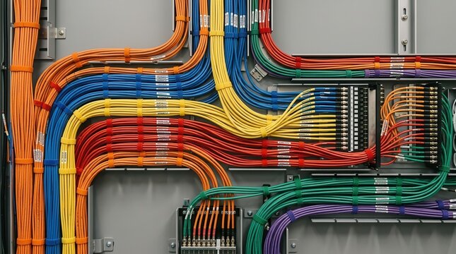 Vibrant Colorful Electrical Cables Neatly Organized in Industrial Wiring Panel