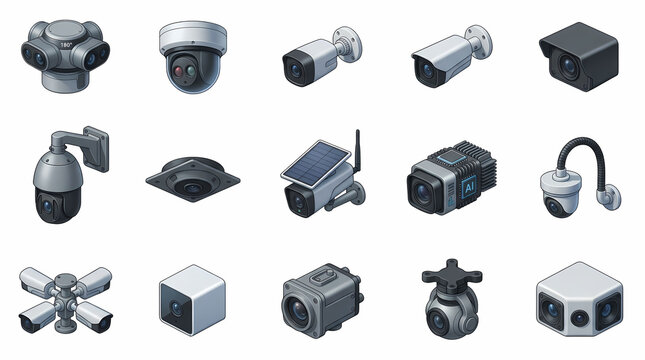 Isometric collection of 15 security camera icons including dome, bullet, PTZ, solar-powered, and AI-powered surveillance devices isolated on a white background for security systems.