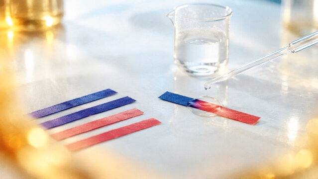 Laboratory examination using indicator litmus strips, a pipette and a glass cup to determine the properties of a liquid by changing the acidity of substances. Working in the laboratory