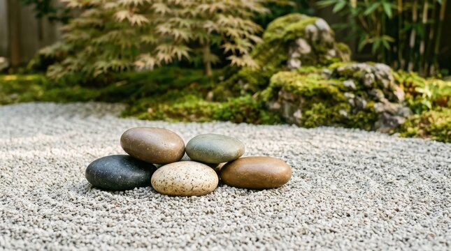 Smooth, smooth meditation stones are carefully arranged on a bed of fine gravel in a tranquil Japanese zen garden setting.
