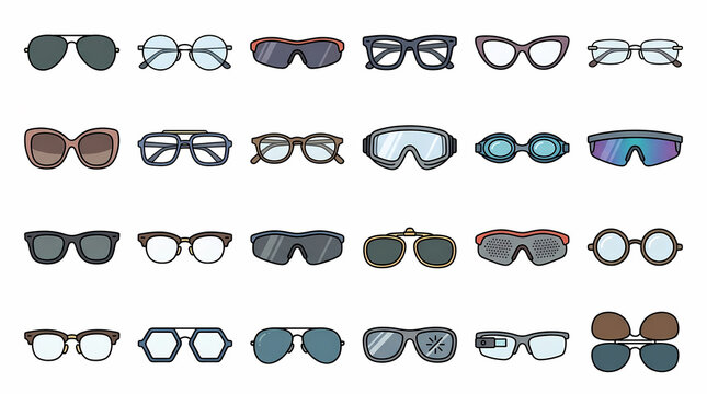 Comprehensive collection of various eyewear styles including sunglasses, optical frames, sports goggles, and smart glasses shown in a flat vector illustration grid on white background.