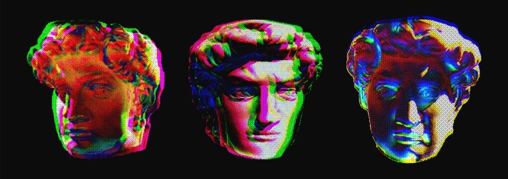 Y2K bitmap dither glitch statue poster: three classical marble sculpture busts with RGB split colour shift and pixelated halftone scan noise, neon acid rave album cover art on black background