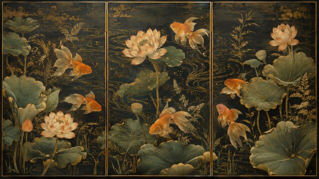 Thai Inspired Goldfish and Lotus Hand Painted Decorative Folding Screen